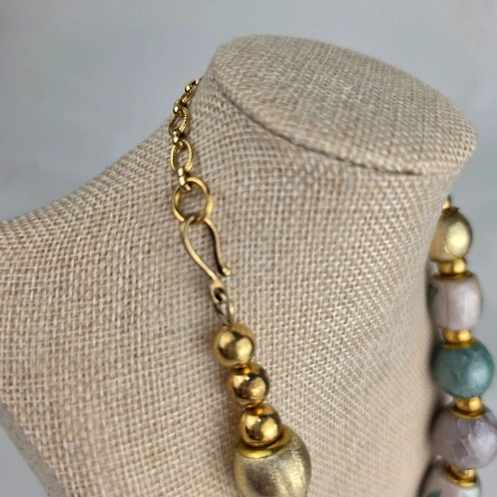 Vintage 1990s Chunky Statement‎ Necklace Amethyst Stone Painted Beads Gold Tone